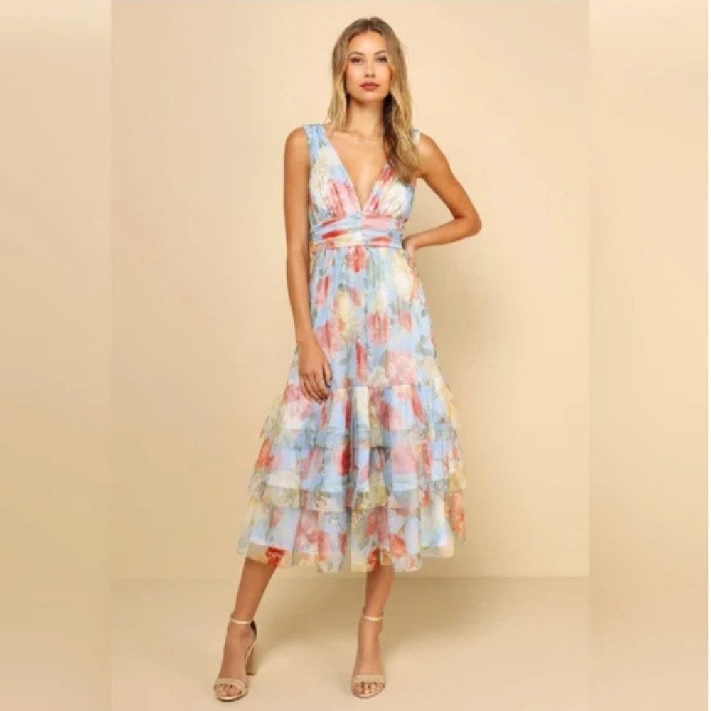 Lulus blue floral tulle women’s dress Size Medium